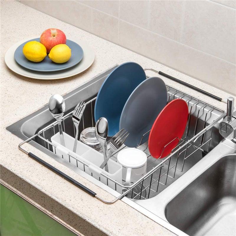 SANNO Large Expandable Dish Drying Rack Sink Dish Rack in Sink or On Counter, Dish Drainer Rustproof Stainless Steel with White Utensil Silverware Storage Holders - Image 3